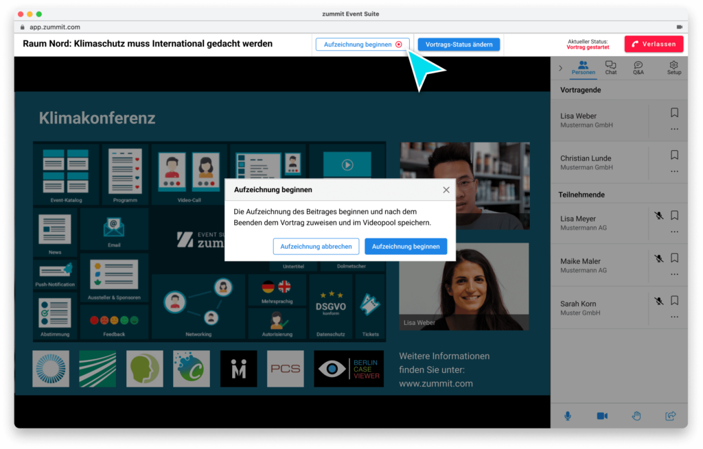 Aufnahme in einem zummit Livestreaming Raum