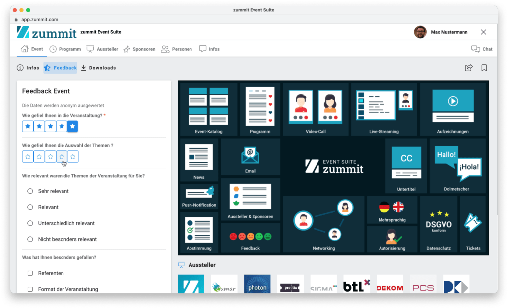 Ein Feedbackformular auf der Eventstartseite in der zummit Event Plattform