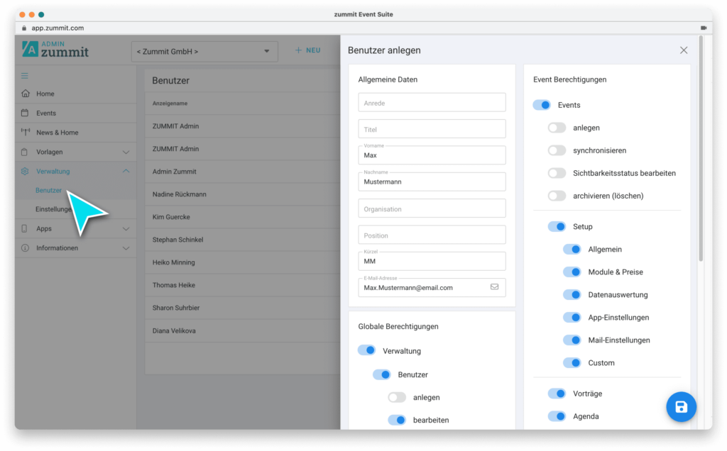 Ansicht der Einstellungen der Benutzer-Berechtigungen im zummit Studio