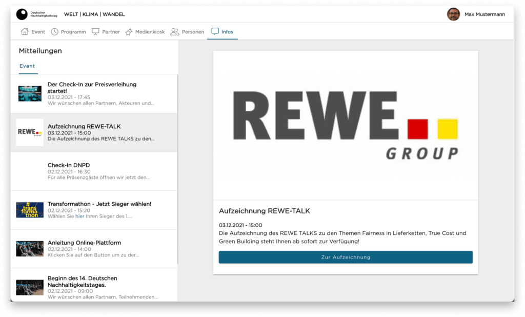 Einblicke im Mitteilungsbereich aus der Eventplattform