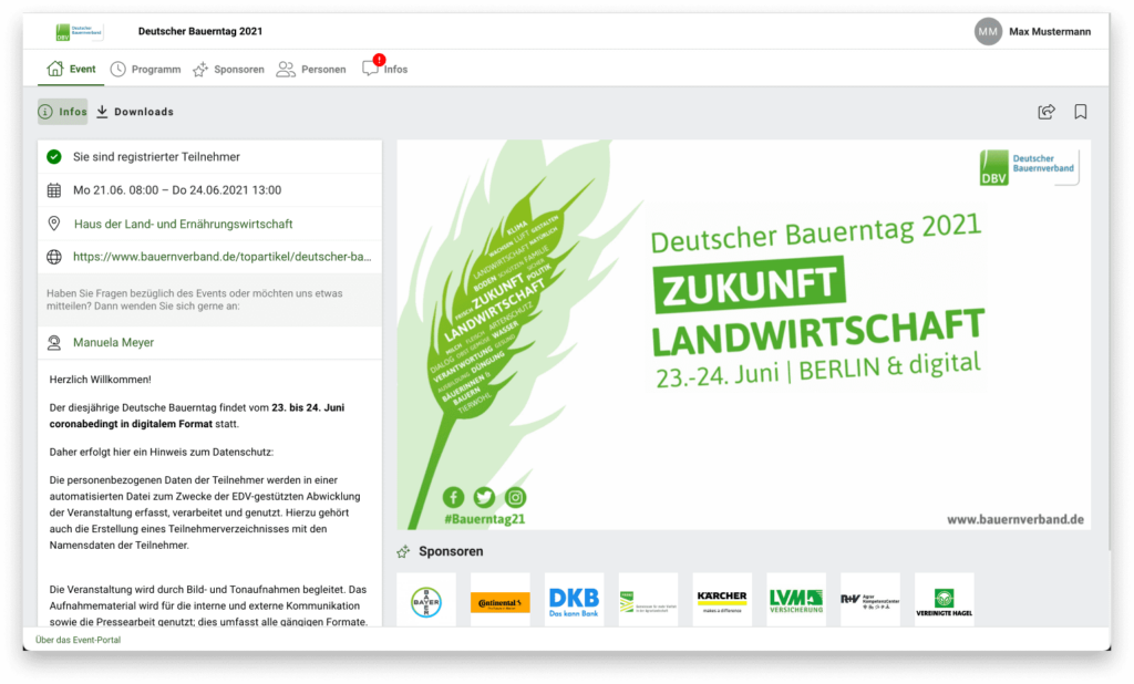 Informationelles Dashboard der Hybridveranstaltung Deutscher Bauerntag 2021 in der zummit Event-Suite.