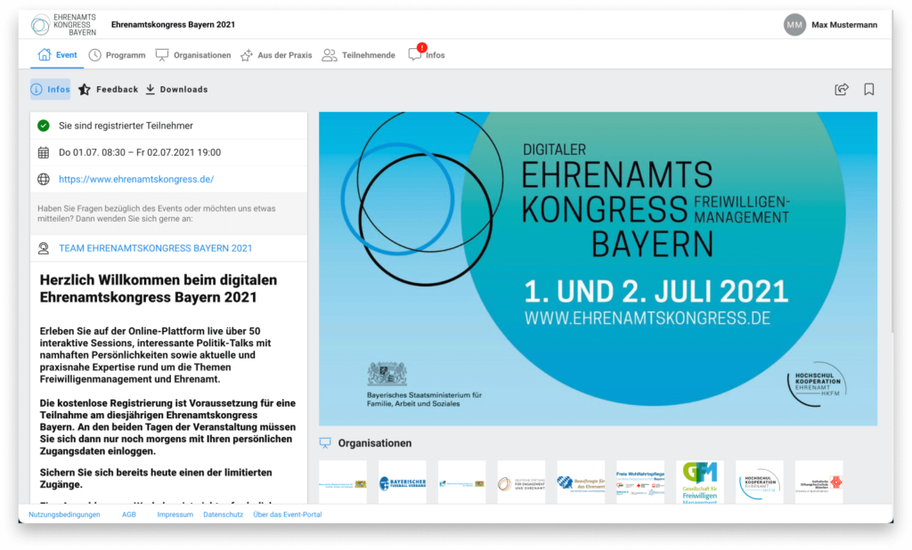 Screenshot aus einer Eventplattform. Der Screenshot enthält Informationen zum Ehrenamtskongress 2021