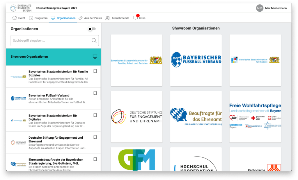 Ansicht des Showrooms für Inserenten des Ehrenamtskongress 2021.