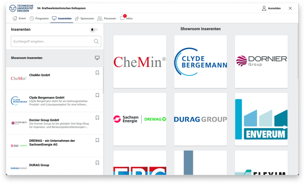 Ansicht des Showrooms für Inserenten des KWTK (Kraftwerktechnische Kolloquium)
