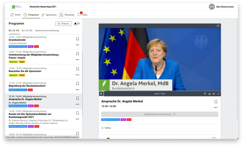 Ansicht des Veranstaltungsprogramms vom Deutschen Bauerntag 2021. Der Screenshot enthält Text und ein Bild von einem Video Stream. Im Stream ist Angela Merkel zu sehen.