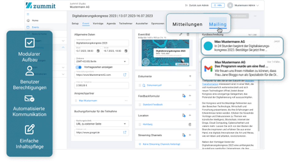 Ansicht der Einstellungen im zummit Studio